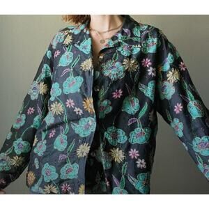 Vintage Chico's Black Embroidered Flower Lightweight Jacket 100% Silk Lined